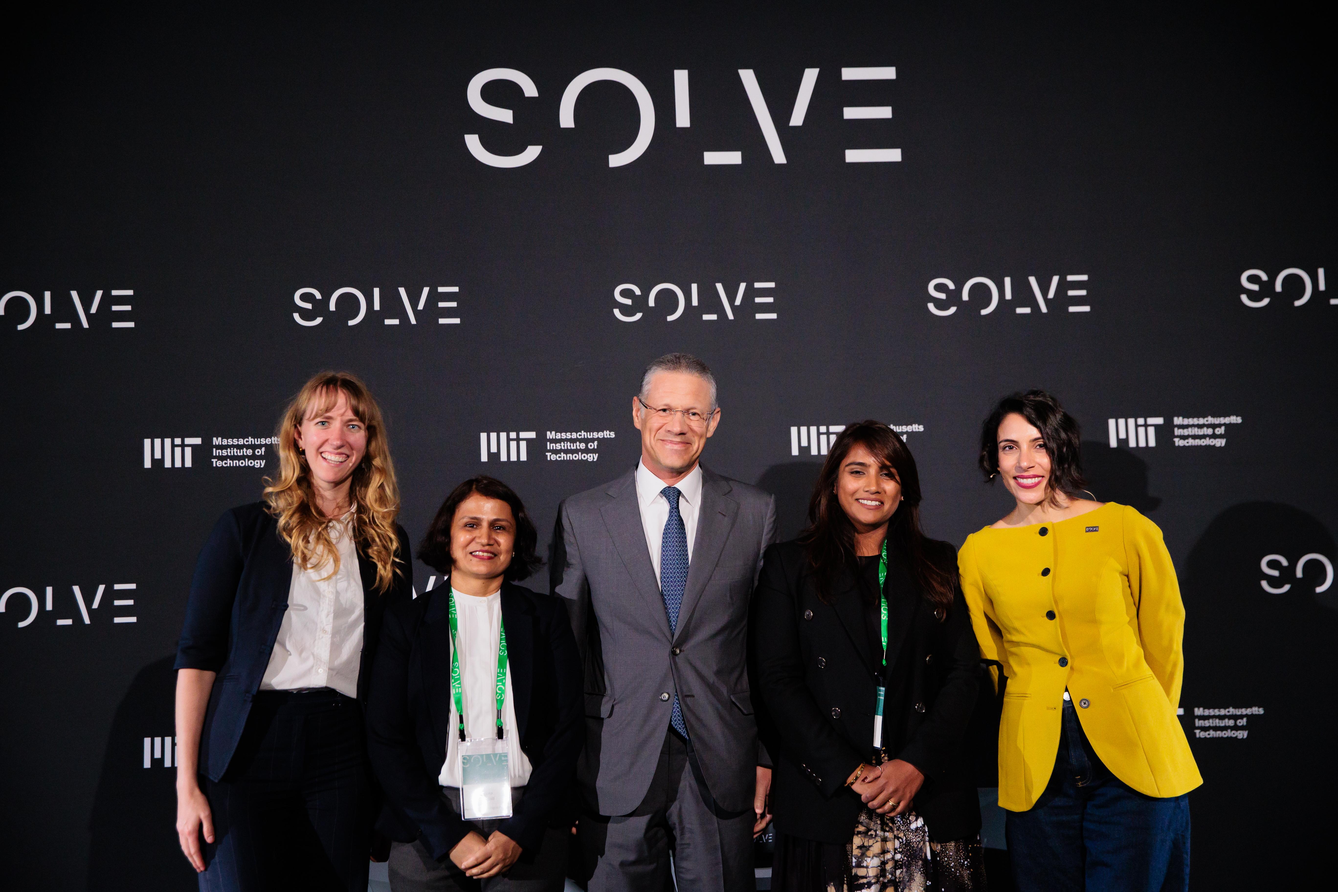 Solver teams and 2025 Crescent Enterprises Prize Recipients Visilant, Smart Scope, and Coastal Assembly with Crescent Enterprises’ CEO, Badr Jafar, and MIT Solve Executive Director, Hala Hanna at Solve Challenge Finals in New York City.